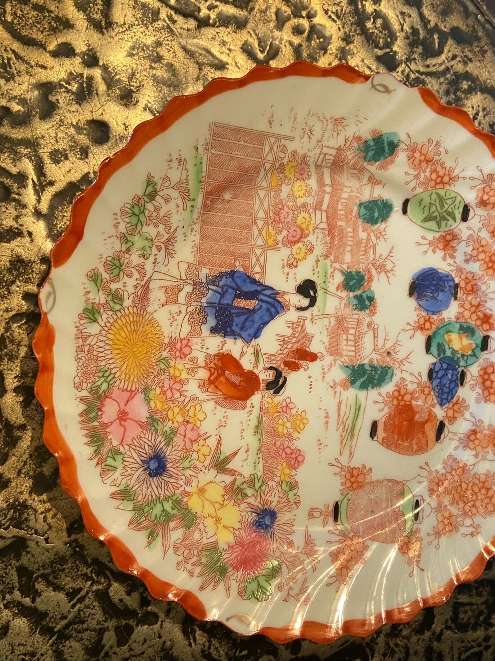 Hand-Painted Oriental Floral Porcelain Plate with Orange Scalloped Rim